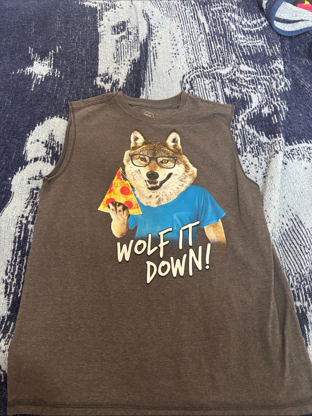 Boys  Muscle Tank Shirt - Charcoal with Blue Wolf Pizza Design